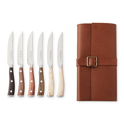 Wusthof Ikon Mixed Wood Steak Knife Set with Leather Knife Roll Wusthof Ikon Mixed Wood Steak Knife Set with Leather Knife Roll