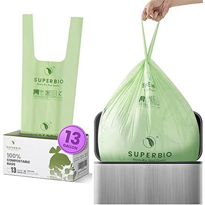SUPERBIO 13 Gallon Compostable Handle Tie Tall Kitchen Garbage Bags