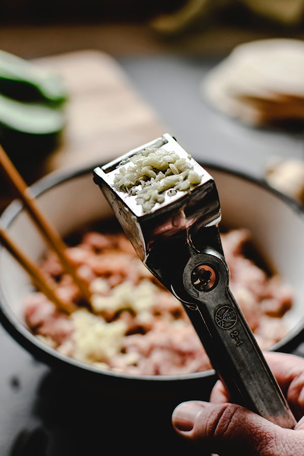 Person holding a garlic press Person holding a garlic press