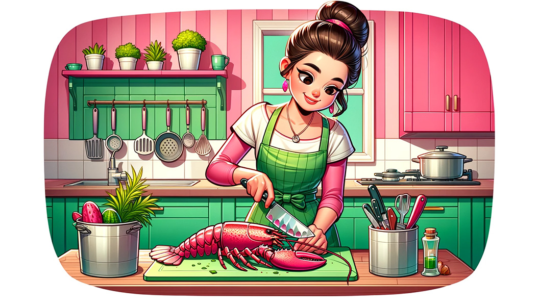 Woman slicing through a lobster tail
