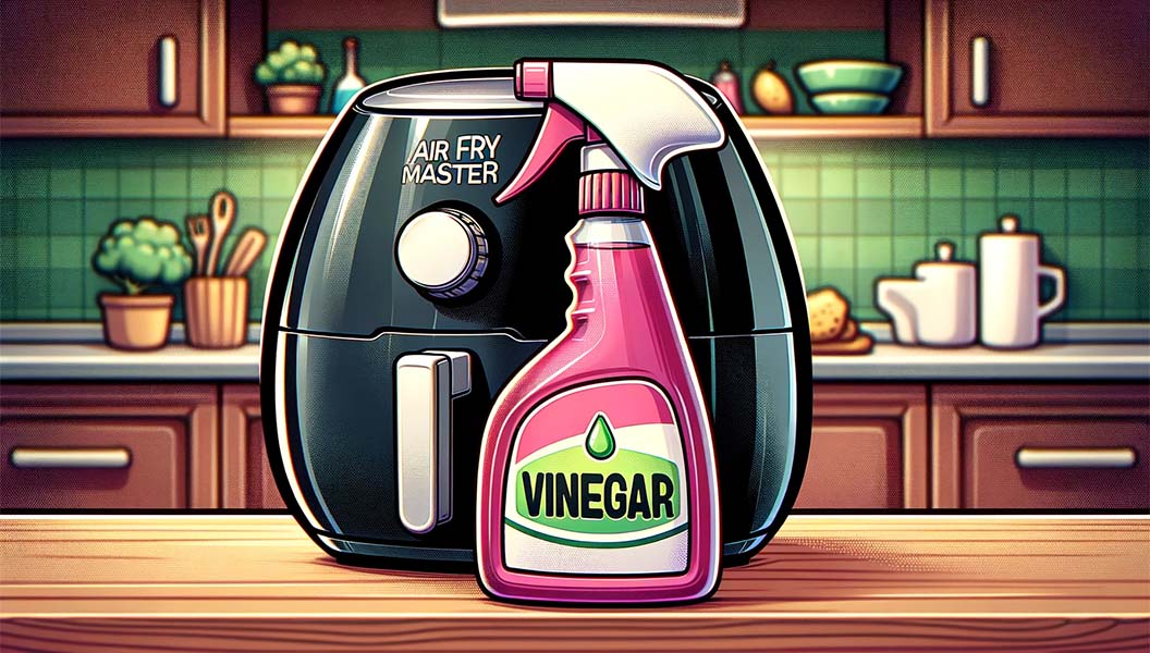 Air fryer and vinegar spray bottle on the counter