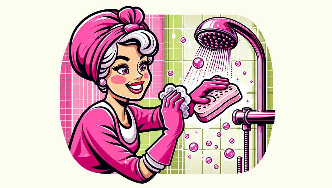 Woman cleaning the showerhead with sponge and liquid soap