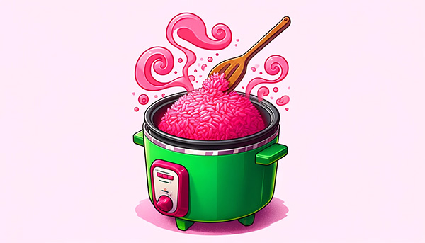 Fluffing pink rice in a rice cooker