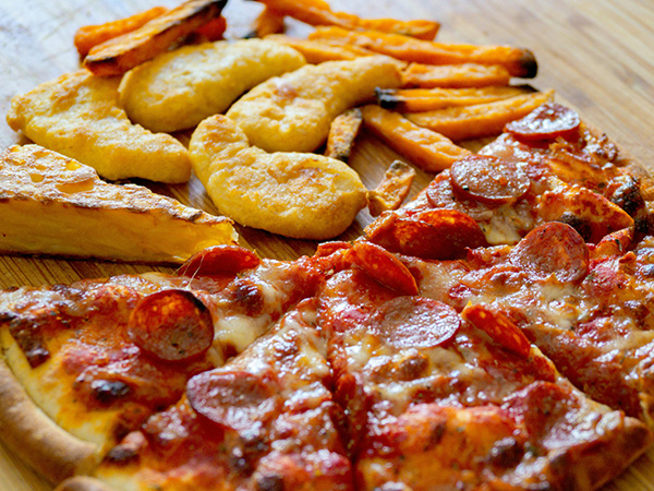 Leftover pizza, nuggets, and fries