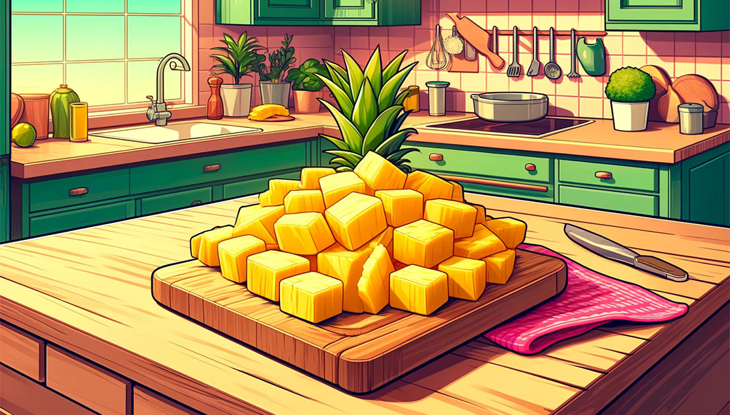 Pineapple chunks on a wooden chopping board