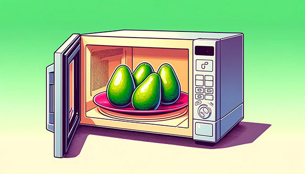 Plate with three whole green avocados inside a microwave