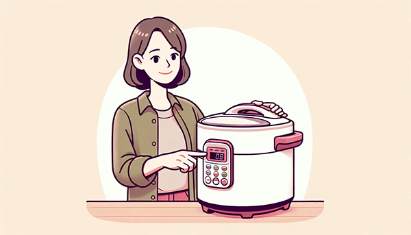 Woman choosing the rice cooker's settings