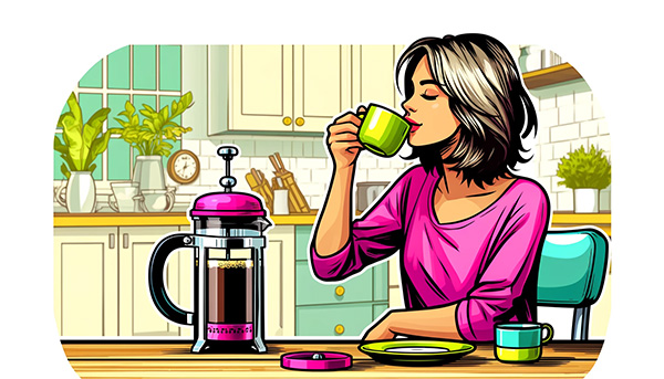 Woman drinking coffee from a French press