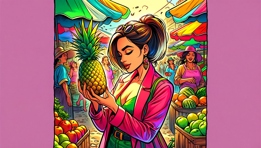 Woman examining a pineapple in a market