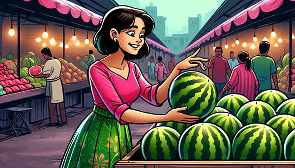 Woman giving a watermelon a thump in the market