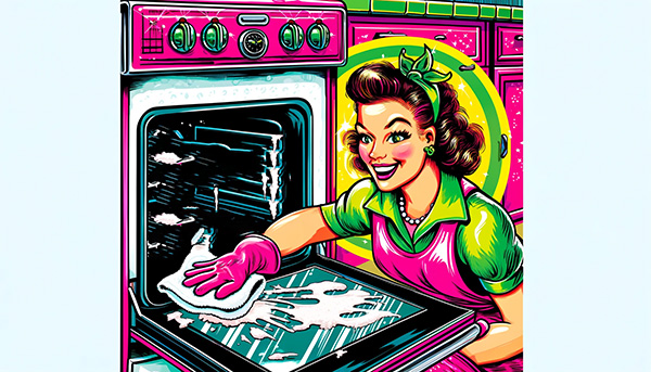 Woman removing baking soda paste from the oven's interior
