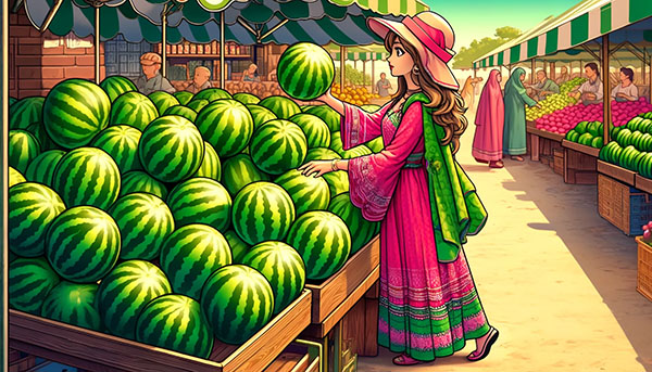 Woman selecting a watermelon from a market stall