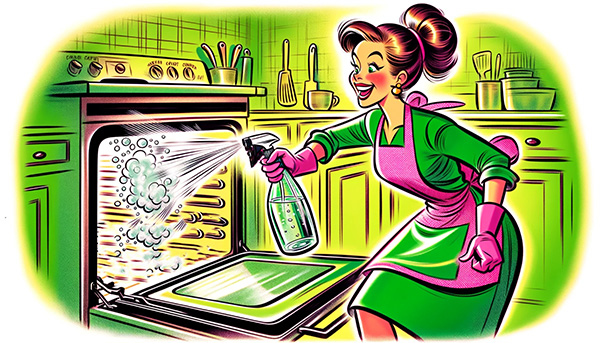 Woman spraying vinegar on the oven's interior
