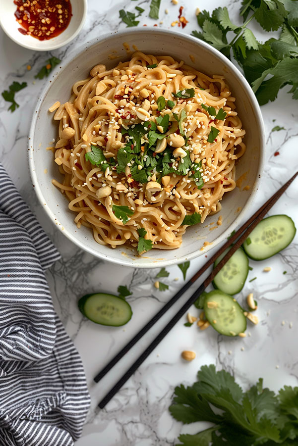 peanut noodle in a bowl from top